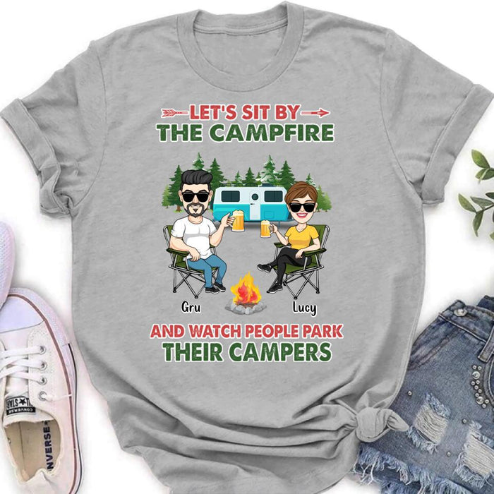 Personalized Couple With Dogs Camping Shirt/Hoodie - Couple With Up to 4 Dogs - Gift For Couple/Camping/Dog Lover - Let's Sit By The Campfire