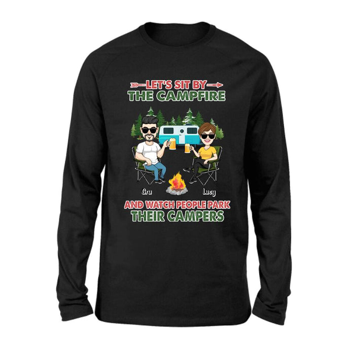 Personalized Couple With Dogs Camping Shirt/Hoodie - Couple With Up to 4 Dogs - Gift For Couple/Camping/Dog Lover - Let's Sit By The Campfire