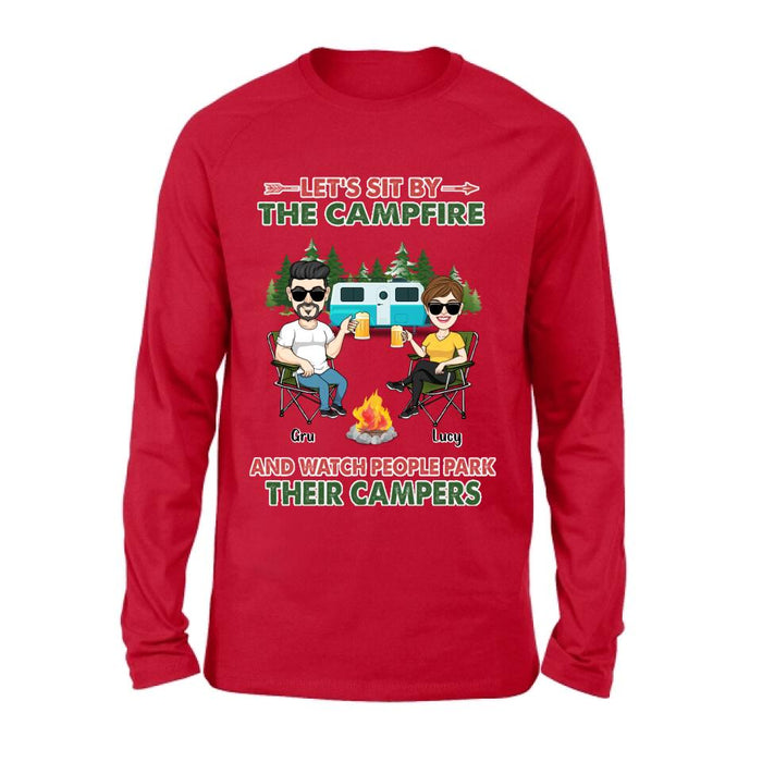 Personalized Couple With Dogs Camping Shirt/Hoodie - Couple With Up to 4 Dogs - Gift For Couple/Camping/Dog Lover - Let's Sit By The Campfire