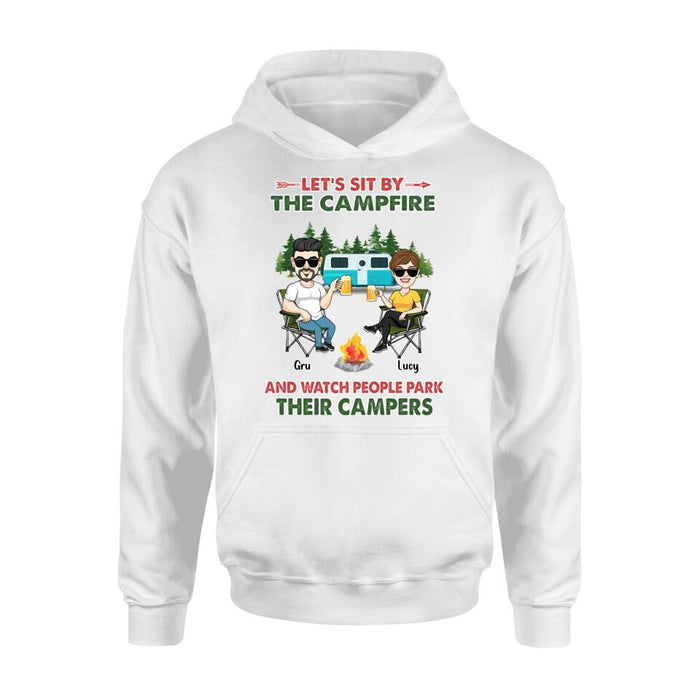 Personalized Couple With Dogs Camping Shirt/Hoodie - Couple With Up to 4 Dogs - Gift For Couple/Camping/Dog Lover - Let's Sit By The Campfire
