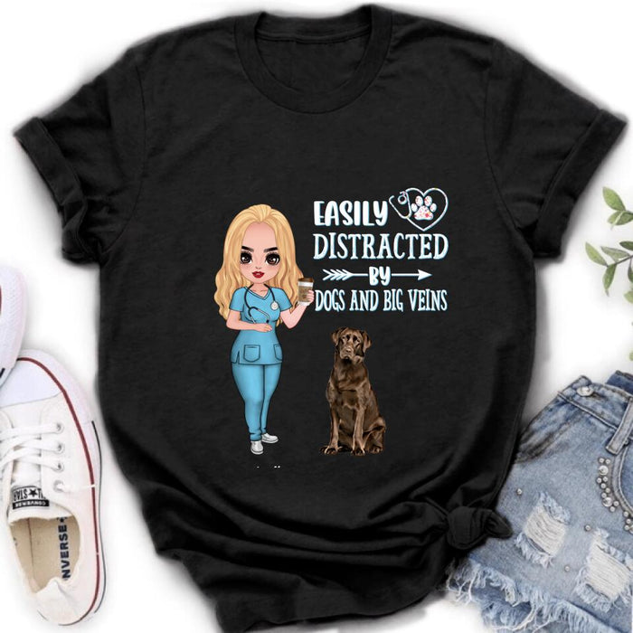 Personalized Nurse Dog Mom Shirt/Pullover Hoodie - Up to 5 Dogs - Gift Idea For Dog Lovers - Easily Distracted By Dogs And Big Veins