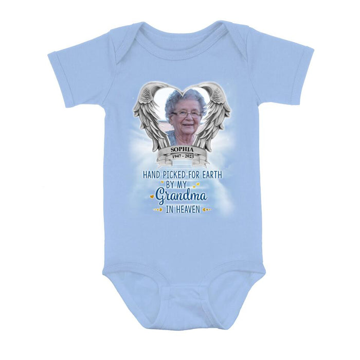 Personalized Memorial Photo Baby Onesie - Memorial Gift Idea For Father's Day/Mother's Day - Hand Picked For Earth By My Grandma In Heaven
