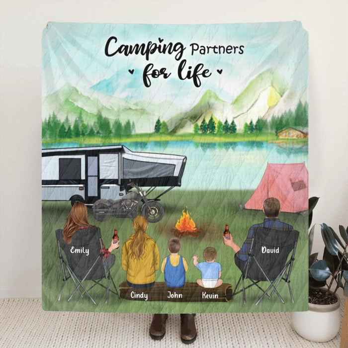 Personalized Camping Blanket - Best Gift For Family Camping Lovers - Family With 3 Kids & Up To 5 Pets - Camping Partners For Life