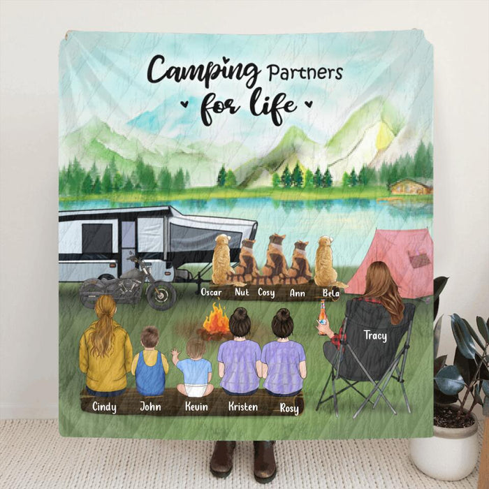 Personalized Camping Blanket - Mom with 5 Kids & 5 Pets - Gift Idea For Loving Camping Mom - Camping Partners For Life