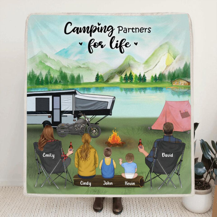 Personalized Camping Blanket - Best Gift For Family Camping Lovers - Family With 3 Kids & Up To 5 Pets - Camping Partners For Life