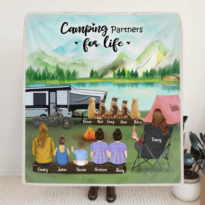 Personalized Camping Blanket - Mom with 5 Kids & 5 Pets - Gift Idea For Loving Camping Mom - Camping Partners For Life
