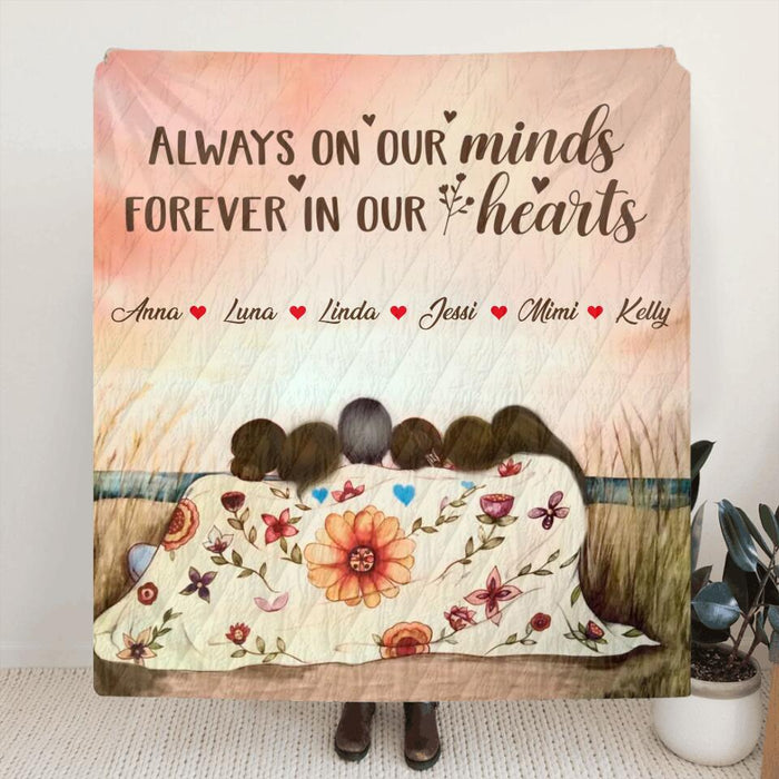 Personalized Mom & Daughter Quilt/Fleece Throw Blanket/Pillow Cover - Gift Idea For Mother's Day - Up to 5 Children - Always On Our Minds Forever In Our Hearts