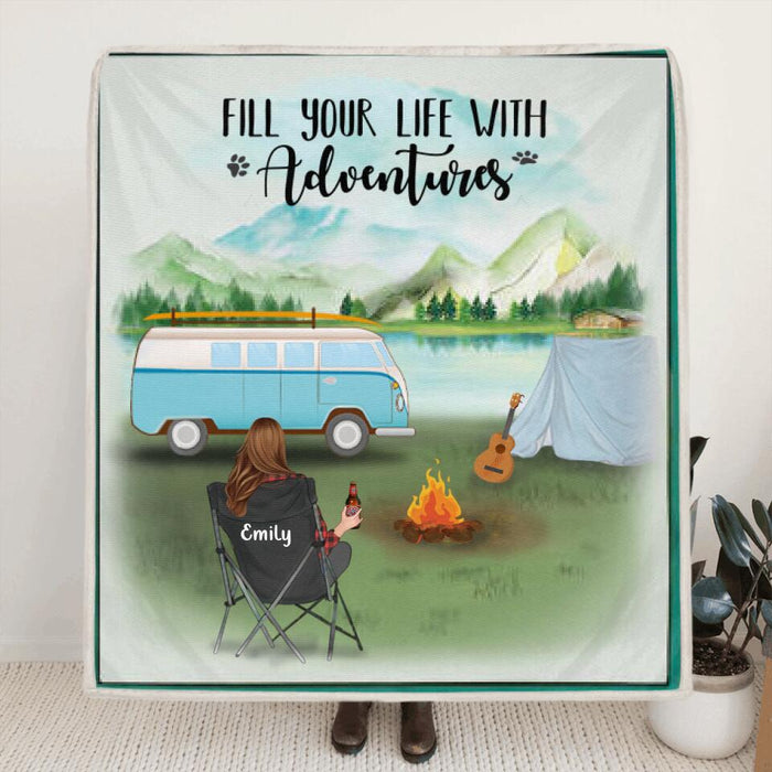 Personalized Camping Blanket - Man/Woman Up to 6 Pets & 6 Kids - Gift For Single Dad/Mom - Fill Your Life With Adventures