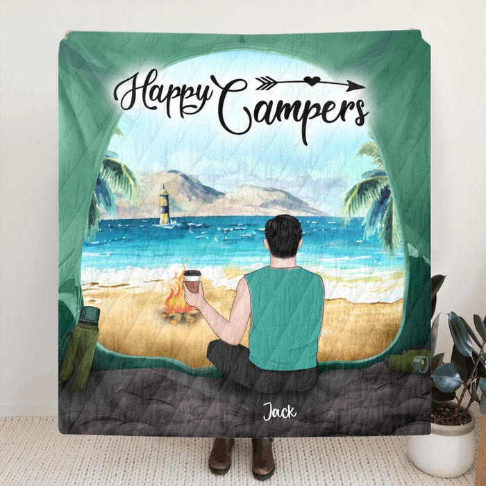 Personalized Dog Camping Quilt/Fleece Blanket - Man/Woman/Couple With Up to 3 Dogs - Best Gift For Camping Lover - View Inside The Tent