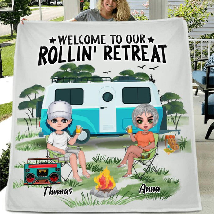 Personalized Camping Fleece Throw Blanket/Quilt - Gift For Camping Lovers - Up to 4 People - Welcome To Our Rollin' Retreat