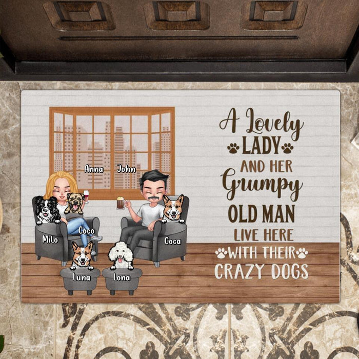Personalized Dog Family Doormat - Gift Idea For Dog Lovers/Couple - Up to 5 Dogs - A Lovely Lady And Her Grumpy Old Man Live Here With Their Crazy Dogs