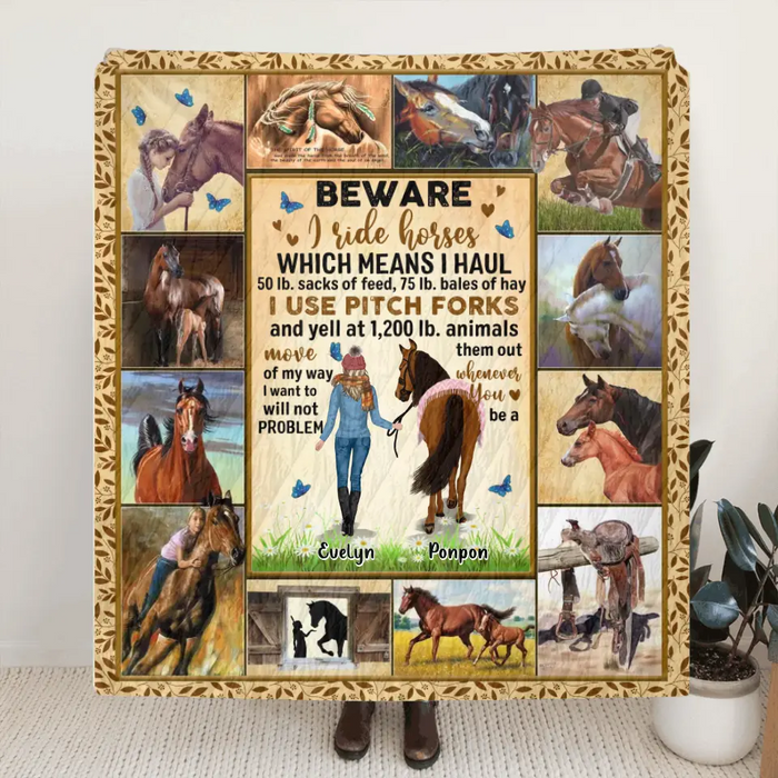 Personalized Horse Girl Quilt/Fleece Throw Blanket - Gift Idea For Horse Lovers - Beware I Ride Horses