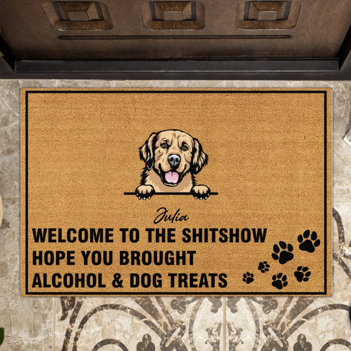 Personalized Ask Not For Whom The Dogs Bark Doormat - Gift Idea For Dog Lover - Up to 6 Dogs - Welcome To The ShitShow Hope You Brought Alcohol & Dog Treats