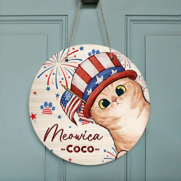 Personalized 4th Of July Pet Circle Wooden Sign - Up to 4 Pets - Gift Idea For Independence Day/Dog/Cat Lover - Meowica