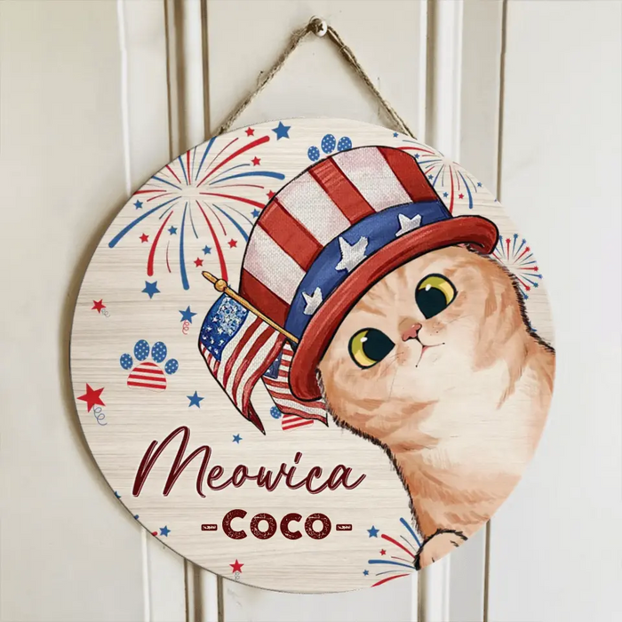 Personalized 4th Of July Pet Circle Wooden Sign - Up to 4 Pets - Gift Idea For Independence Day/Dog/Cat Lover - Meowica