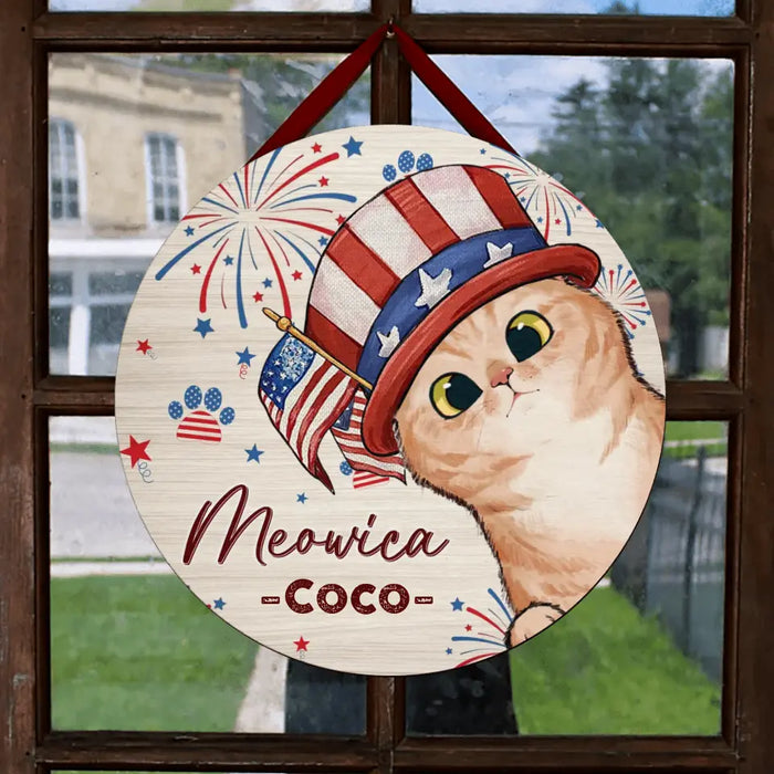 Personalized 4th Of July Pet Circle Wooden Sign - Up to 4 Pets - Gift Idea For Independence Day/Dog/Cat Lover - Meowica