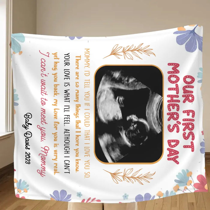 Personalized 1st Mother's Day Fleece Throw Blanket/Quilt - Upload Photo - I Can't Wait To Meet You, Mommy