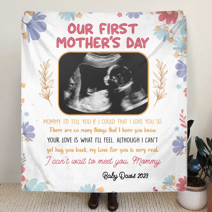 Personalized 1st Mother's Day Fleece Throw Blanket/Quilt - Upload Photo - I Can't Wait To Meet You, Mommy