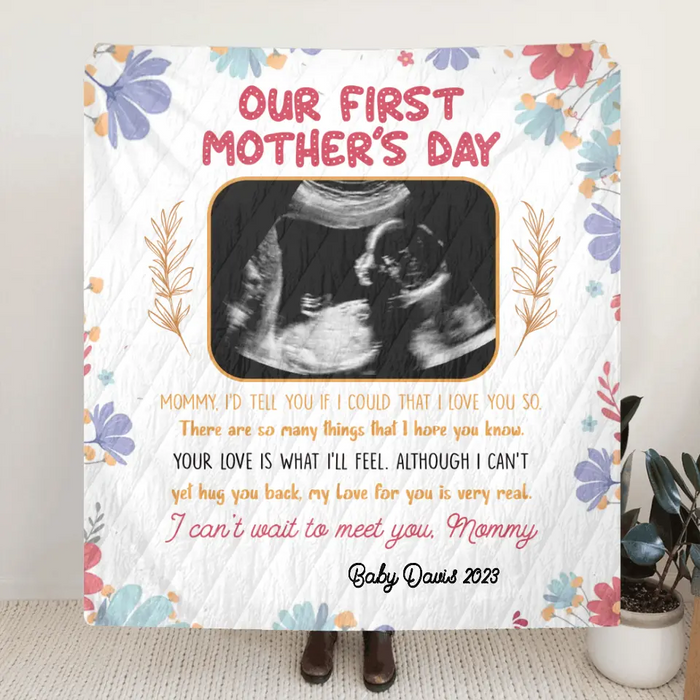 Personalized 1st Mother's Day Fleece Throw Blanket/Quilt - Upload Photo - I Can't Wait To Meet You, Mommy