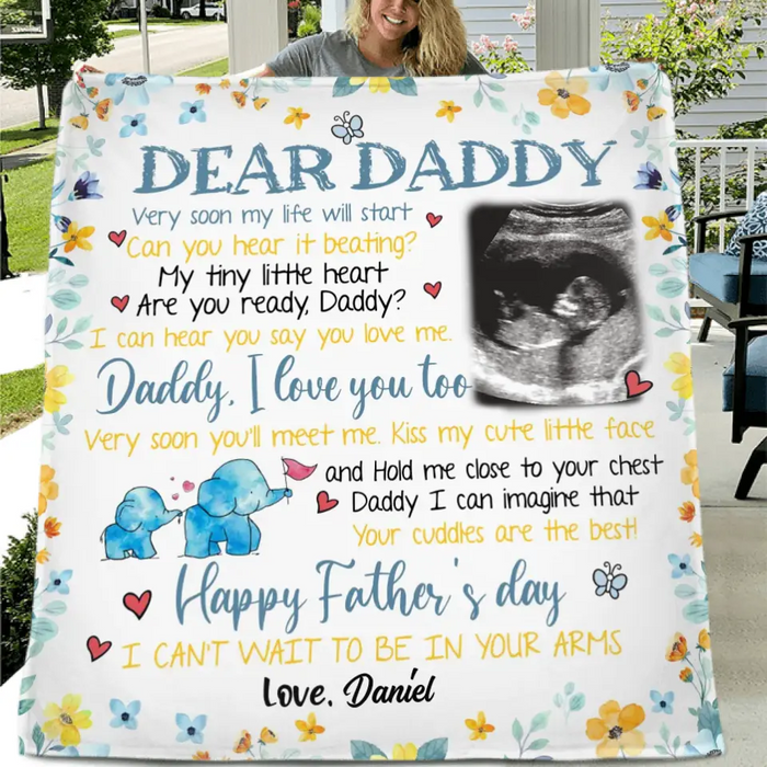 Personalized Baby Photo Quilt/Fleece Throw Blanket - Gift Idea For Father's Day - Dear Daddy Very Soon My Life Will Start