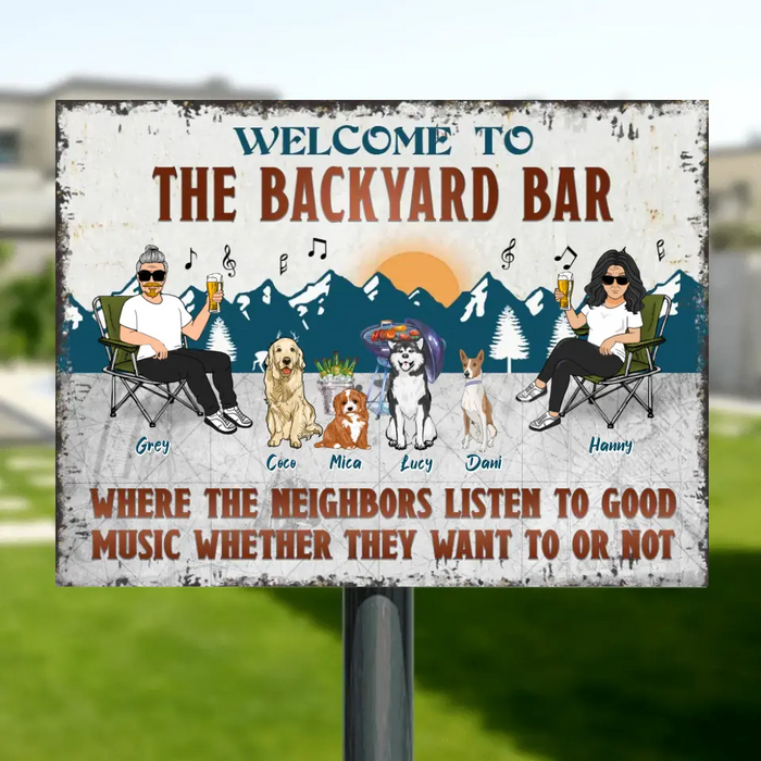Personalized Camping Couple With Pet Metal Sign - Couple With Up to 4 Pets - Gift Idea For Camping/Dog/Cat Lovers - Welcome To The Backyard Bar