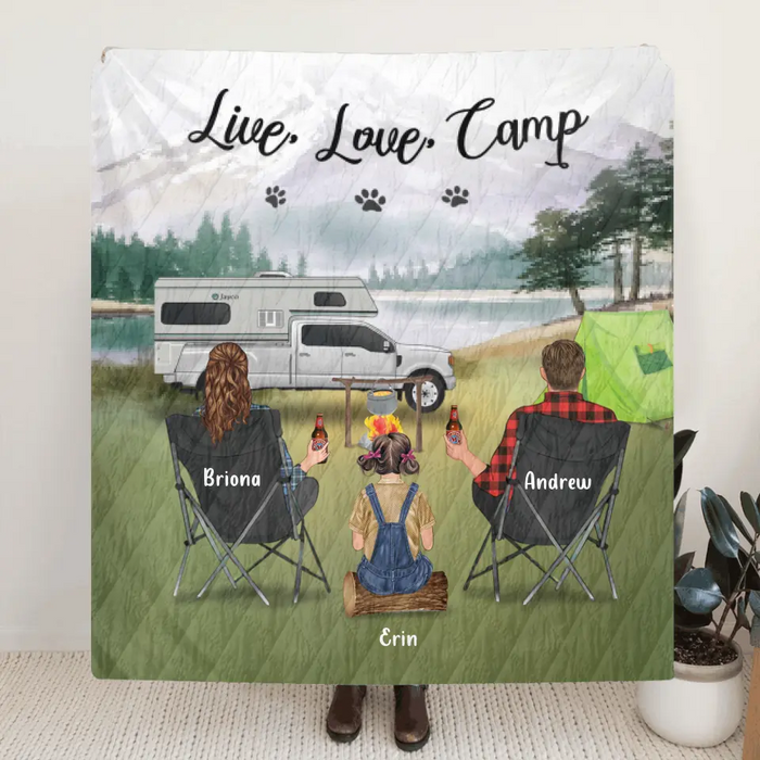 Personalized Camping Fleece Blanket - Parents Up to 3 Kids & 3 Dogs - Gift Idea For The Whole Family - Live, Love, Camp - 341148