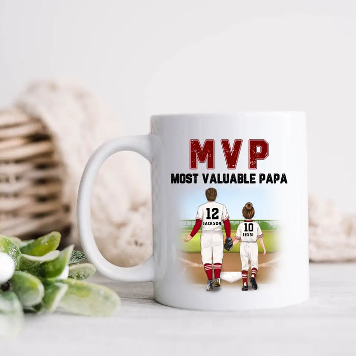 Personalized Baseball Dad Coffee Mug - Up to 3 Kids - Gift Idea For Father's Day/Father/Son/Daughter - MVP Most Valuable Papa