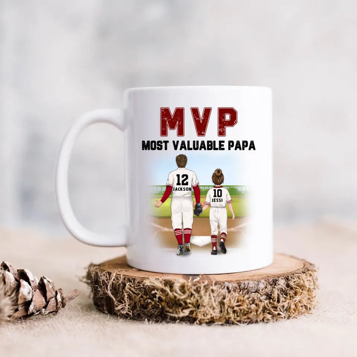 Personalized Baseball Dad Coffee Mug - Up to 3 Kids - Gift Idea For Father's Day/Father/Son/Daughter - MVP Most Valuable Papa