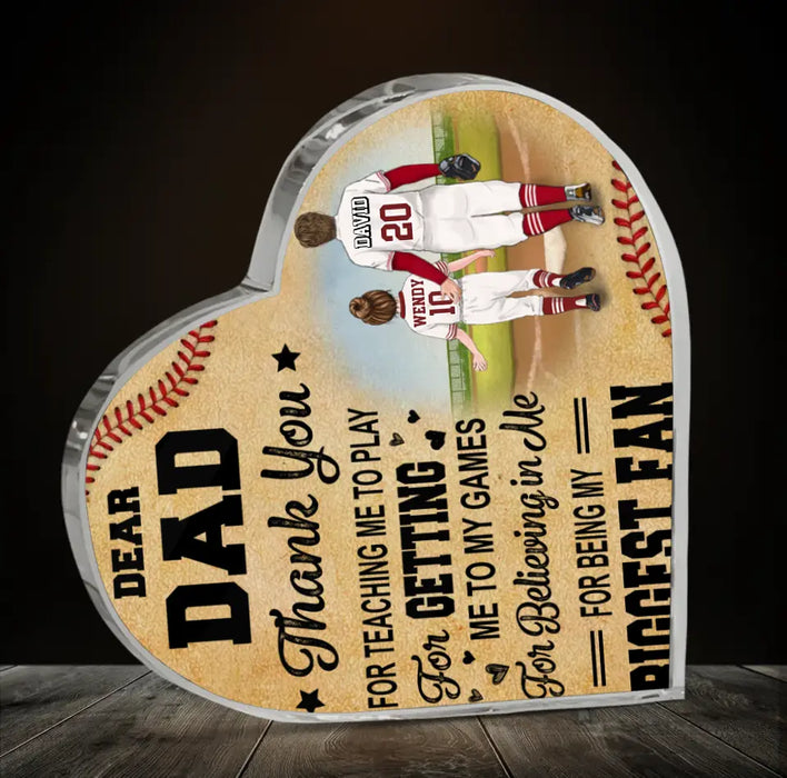 Personalized Baseball Dad Crystal Heart - Up to 2 Children - Father's Day Gift Idea for Baseball Lovers - Dear Dad Thank You For Teaching Me To Play
