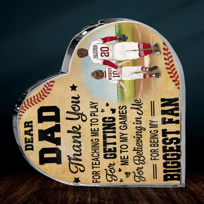 Personalized Baseball Dad Crystal Heart - Up to 2 Children - Father's Day Gift Idea for Baseball Lovers - Dear Dad Thank You For Teaching Me To Play