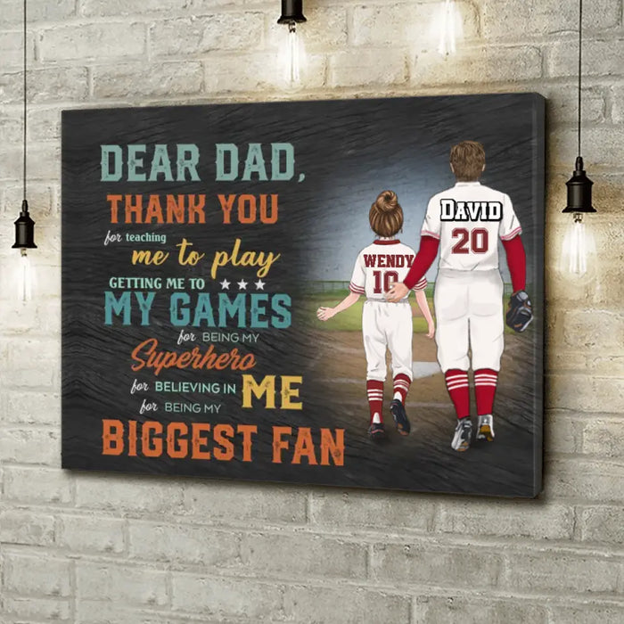 Personalized Baseball Dad Horizontal Canvas - Up to 2 Children - Father's Day Gift Idea for Baseball Lovers - Dear Dad Thank You For Teaching Me To Play