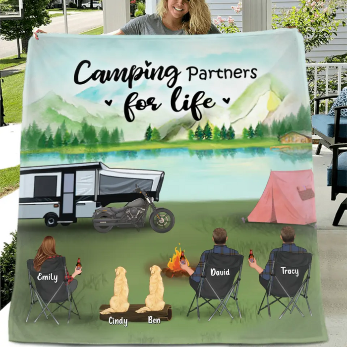 Personalized Camping Pillow Cover/Fleece Throw Blanket/Quilt - Gift For Camping Lovers With 3 Adults - Camping Partner For Life