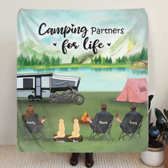 Personalized Camping Pillow Cover/Fleece Throw Blanket/Quilt - Gift For Camping Lovers With 3 Adults - Camping Partner For Life