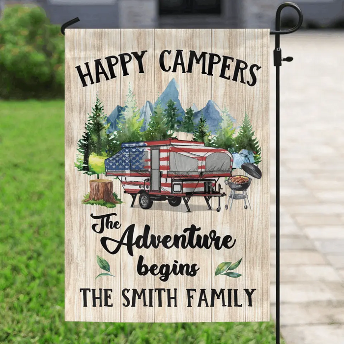 Personalized Camper Flag Sign - Gift Idea For Camping Lovers/Family - Happy Campers The Adventure Begins