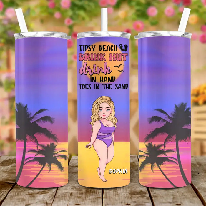 Personalized Summer Girl Skinny Tumbler - Gift Idea For Besties/Friends/Summer Vacation - Tipsy Beach Drink Hut Drink In Hand Toes In The Sand