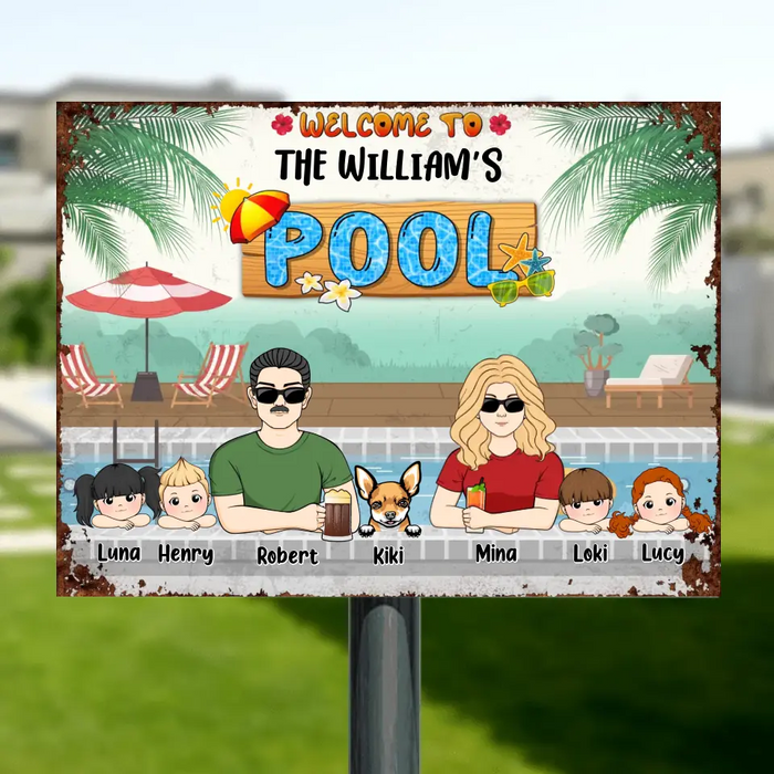 Personalized Family Horizontal Metal Sign - Gift Idea For Family/Dog Lover - Up to 4 Kids - Welcome To The William's Pool