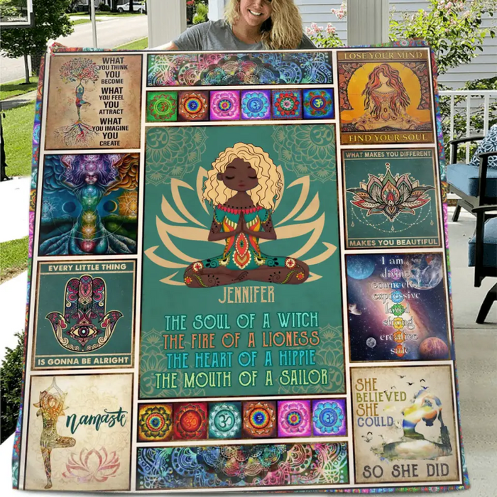 Personalized Yoga Quilt/Fleece Throw Blanket - The Soul Of A Witch, The Fire Of A Lioness - Gift Idea For Friend/Birthday/Yoga Lover