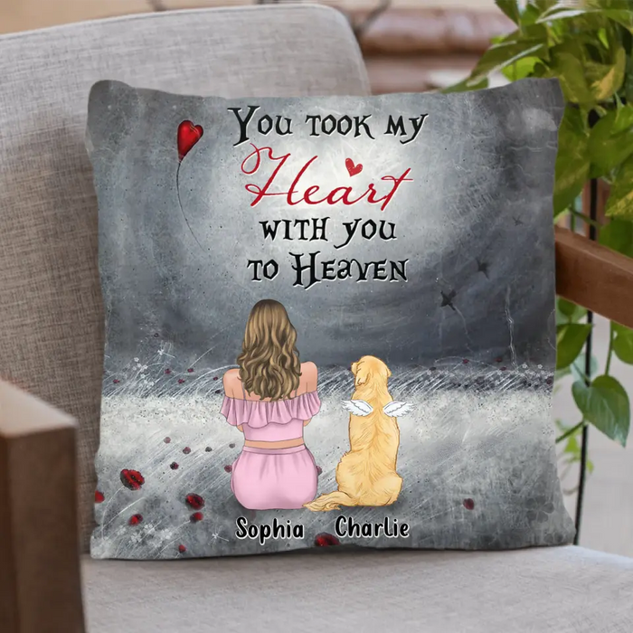 Personalized Memorial Dog Mom Pillow Cover - Up to 5 Dogs - Memorial Gift Idea For Dog Owner - You Took My Heart With You To Heaven