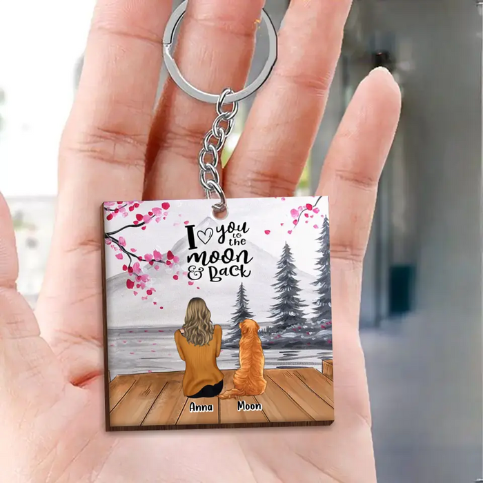 Personalized Dog Mom/Dog Dad Wooden Keychain - Gifts For Dog Lover With Up to 4 Dogs - I Love You To The Moon & Back