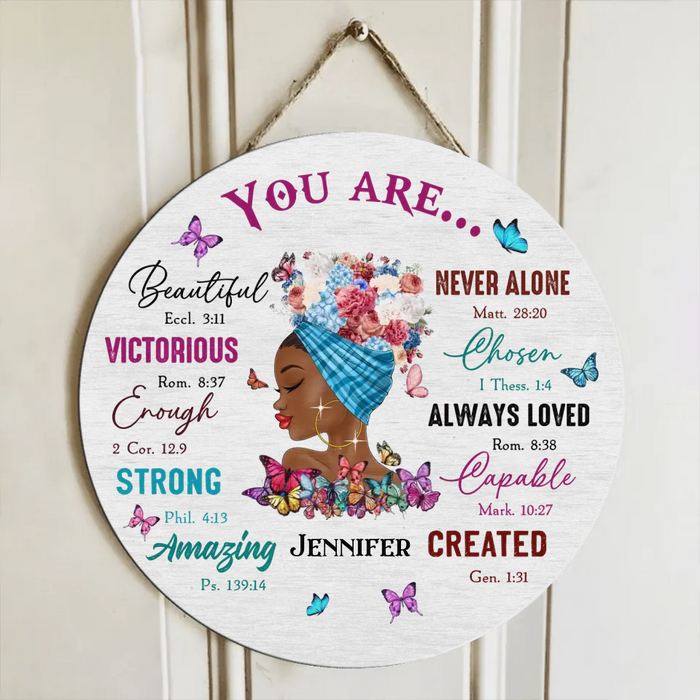 Personalized African American Girl Circle Door Sign - Gift Idea For Birthday - You Are Beautiful, Victorious