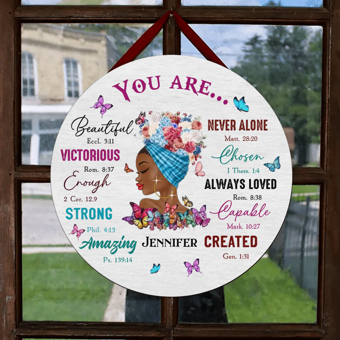 Personalized African American Girl Circle Door Sign - Gift Idea For Birthday - You Are Beautiful, Victorious