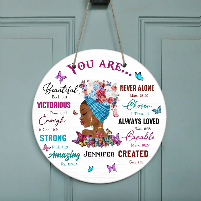 Personalized African American Girl Circle Door Sign - Gift Idea For Birthday - You Are Beautiful, Victorious