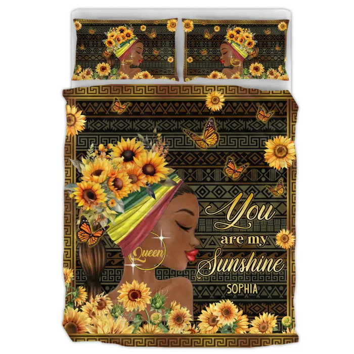 Personalized Sunflower Girl Quilt Bed Set - Gift Idea for Black Girl/Black Woman/Afro Black Girl - You Are My Sunshine