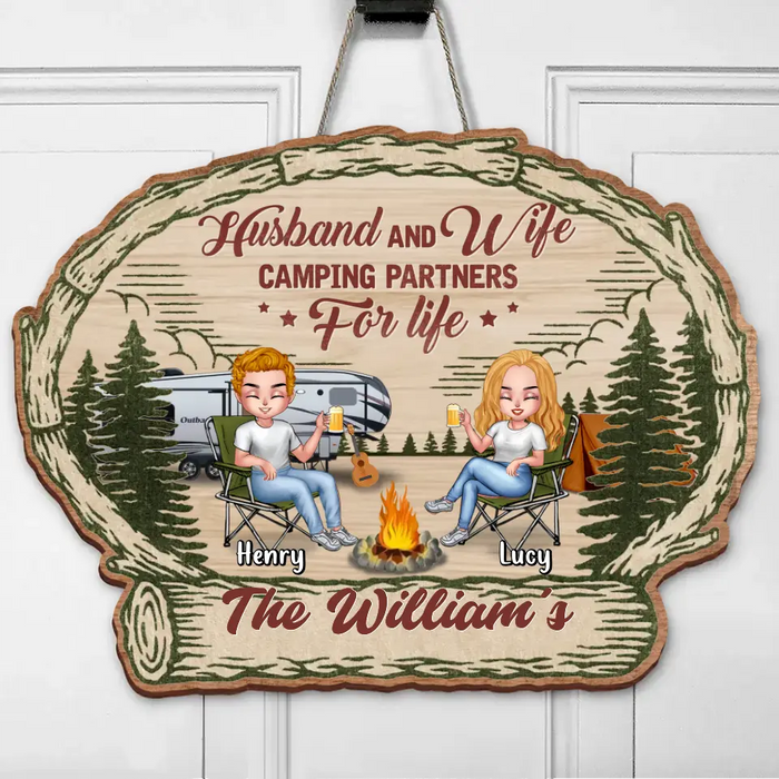 Personalized Camping Chibi Wooden Sign - Gift Idea For Couple/Friends/Camping Lover - Husband And Wife Camping Partners For Life