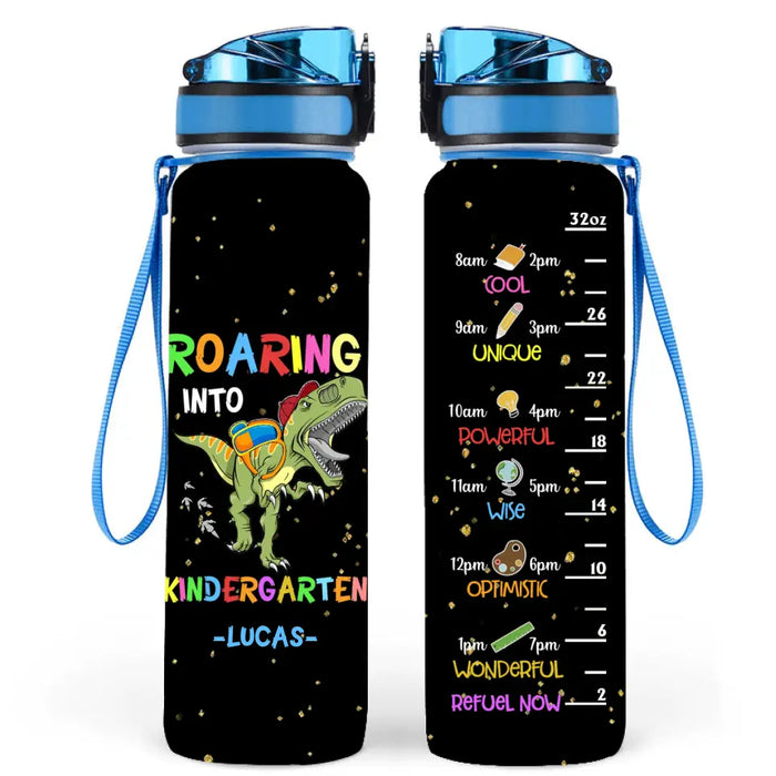 Personalized Back To School Water Tracker Bottle - School Gift Idea for Girl/Boy - Roaring Into Kindergarten