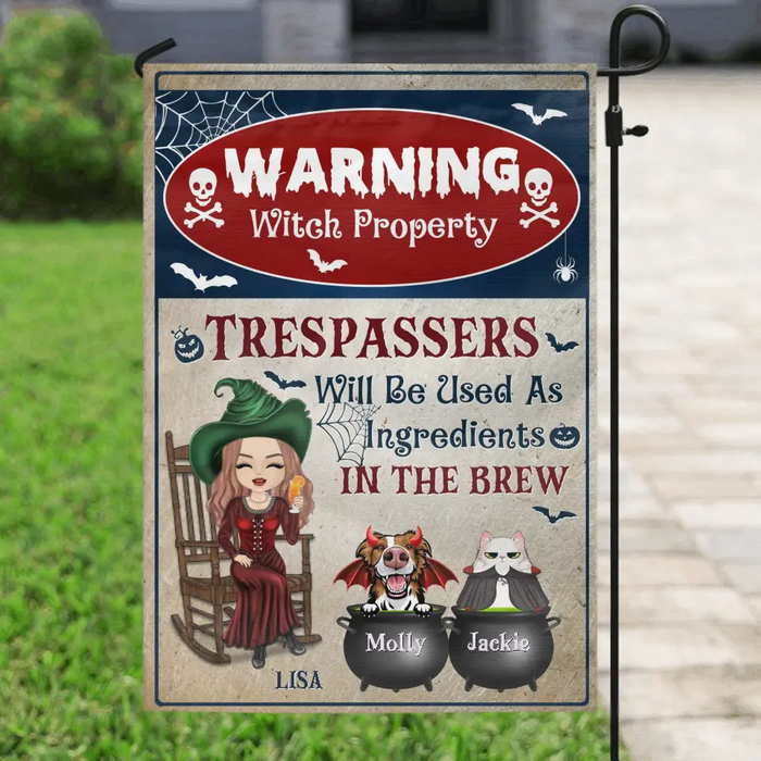 Personalized Witch Flag Sign - Halloween Gift Idea for Pet Lovers - Up to 2 Pets - Trespassers Will Be Used As Ingredients In The Brew
