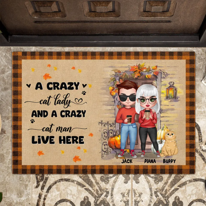 Personalized Cat Couple Doormat - Up to 6 Cats - Gift Idea for Couple/Cat Lovers - A Crazy Cat Lady And A Crazy Cat Man Live Here