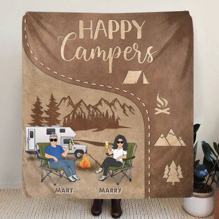 Personalized Camping Couple Fleece Throw Blanket/Quilt - Gift Idea For Couple/Camping Lover - Happy Campers