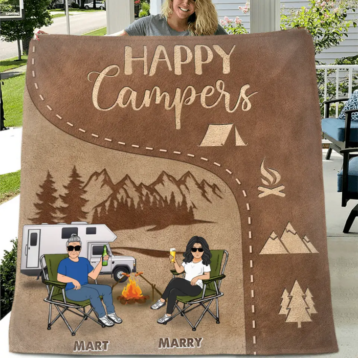 Personalized Camping Couple Fleece Throw Blanket/Quilt - Gift Idea For Couple/Camping Lover - Happy Campers