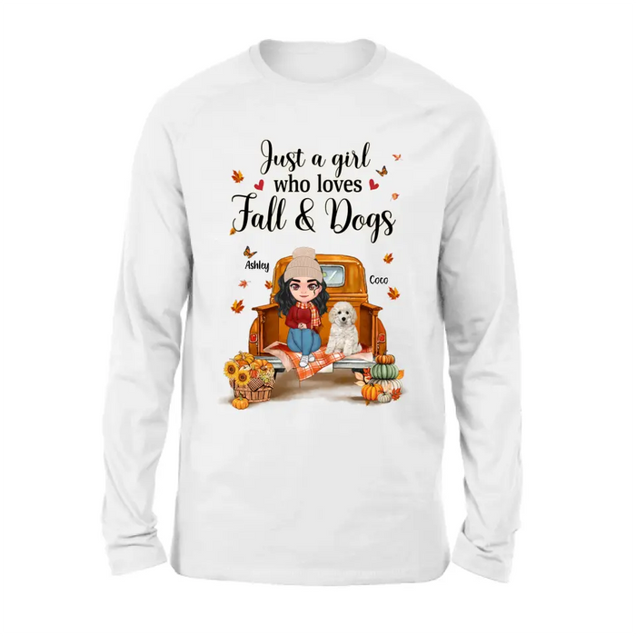 Personalized Autumn Dog Mom Shirt/Hoodie - Gift Idea For Dog Lovers - Up to 5 Dogs - Just A Girl Who Loves Fall And Dogs